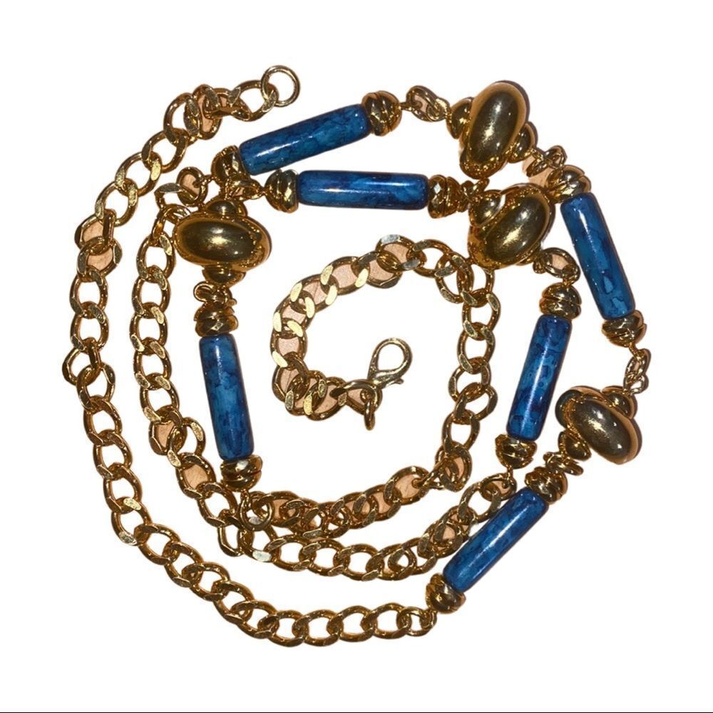 Long Brass Ball Bead & Blue Green Lucite Tube Beads Necklace Vintage Chain